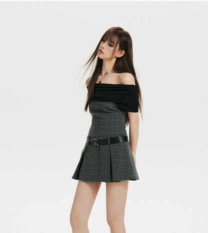 Grid Off-Shoulder Mini Dress - CHINASQUAD