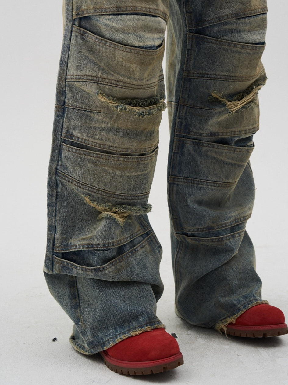 Layered Distressed Washed Loose Fit Denim Jeans