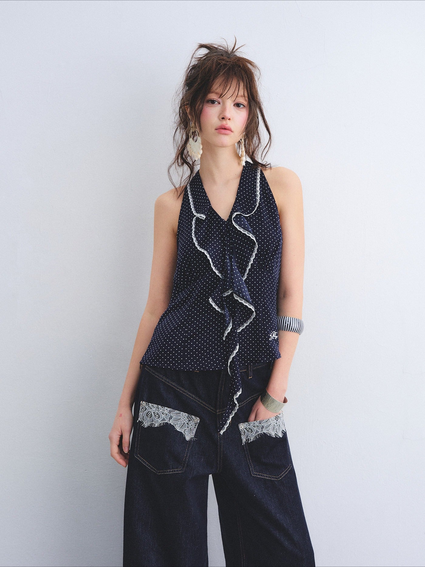 Polka Dot Lace Ruffle V-Neck Camisole