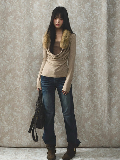 Two-Piece Draped-Collar Knit Crewneck