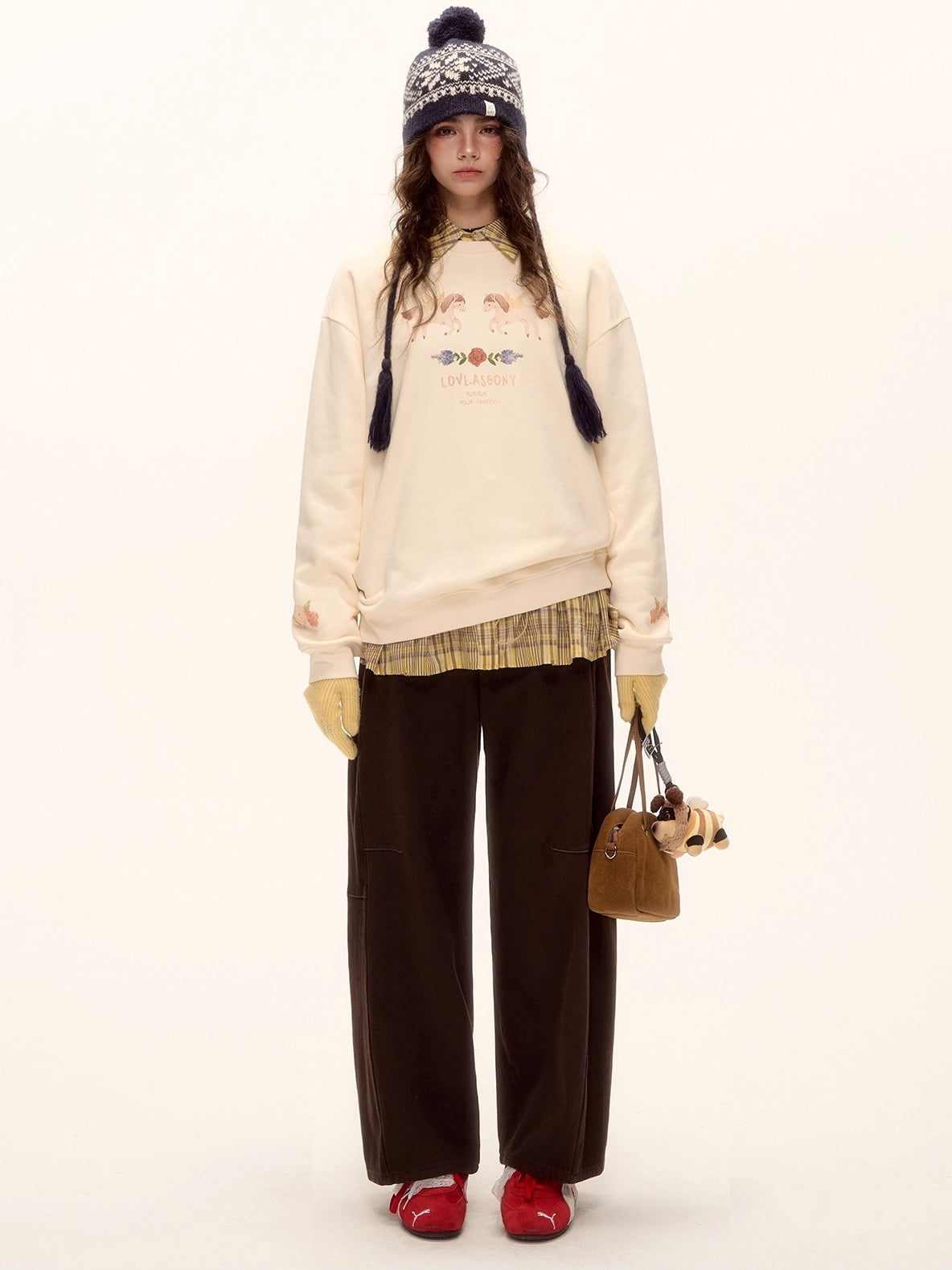 Red Belt Decor Curved-Hem Denim Wide-Leg Jeans