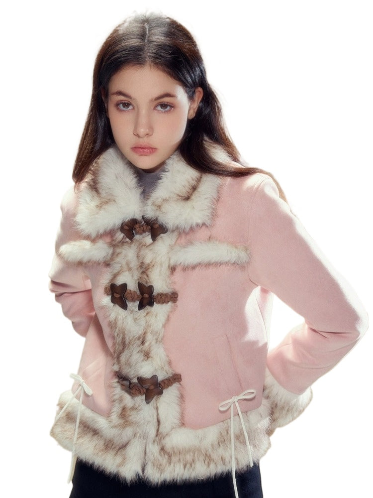 Pink Suede Butterfly Horn Button Shearling Coat