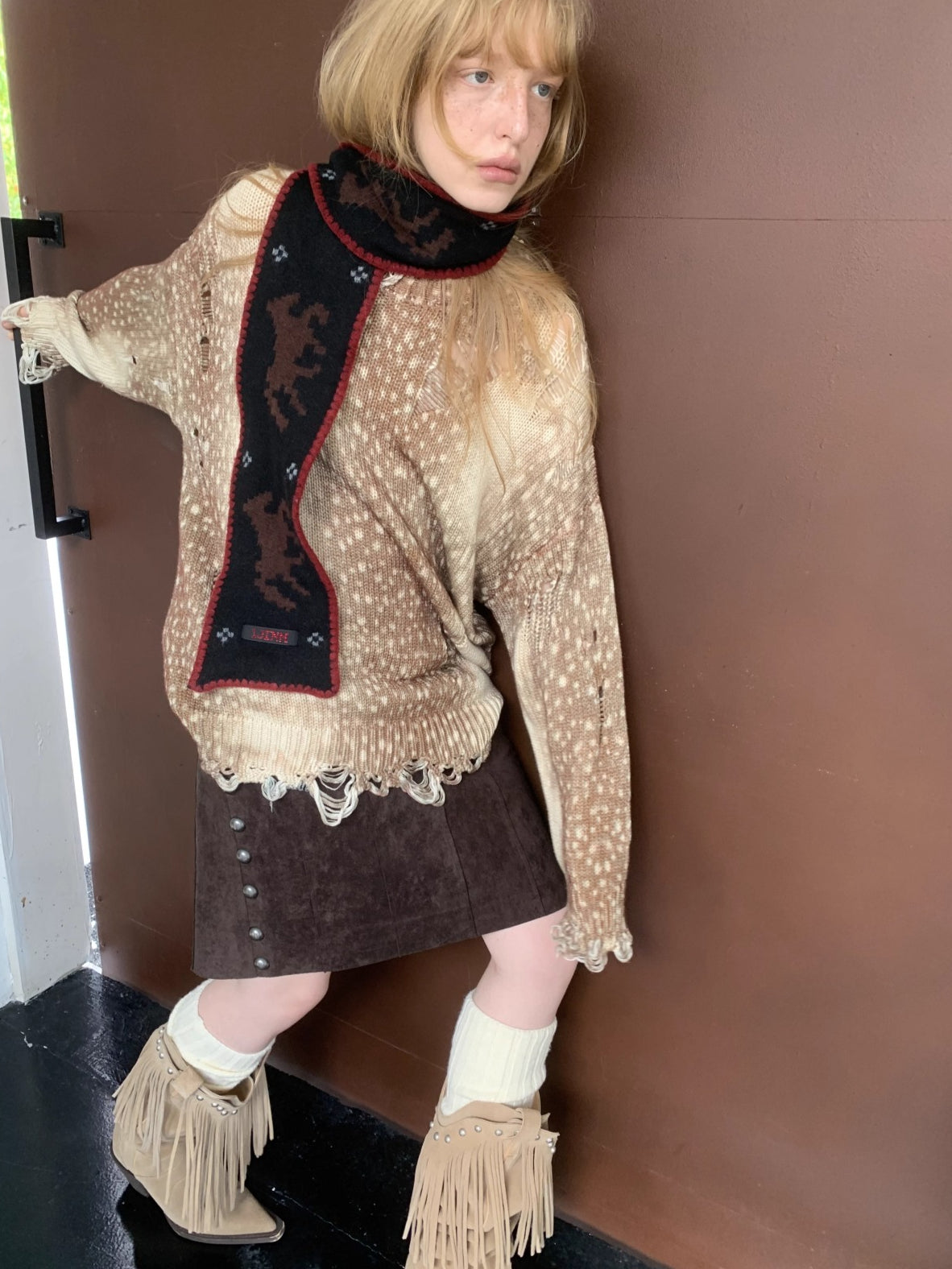 Vintage Deer Print Distressed Knit Sweater