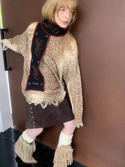Vintage Deer Print Distressed Knit Sweater