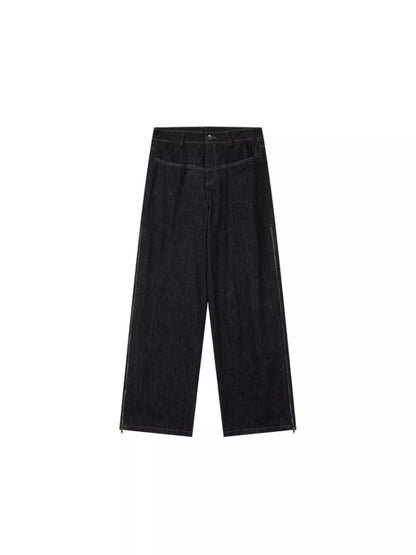 Blue High-Waist Side-Zip Denim Fleece-lined Wide-Leg Pants