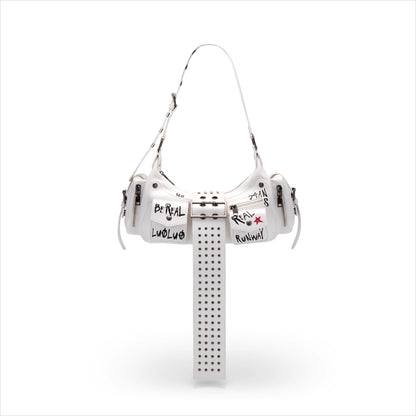 Graffiti-Print PU Cracked-Leather Bag