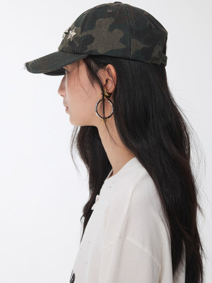 Distressed Star-Studded Camouflage Baseball Cap