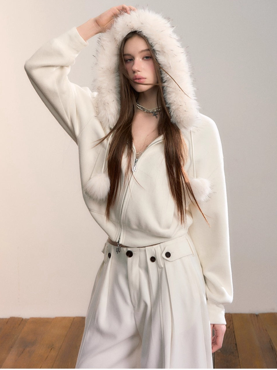 Faux Fur Collar Wool-Blend Fleece Jacket