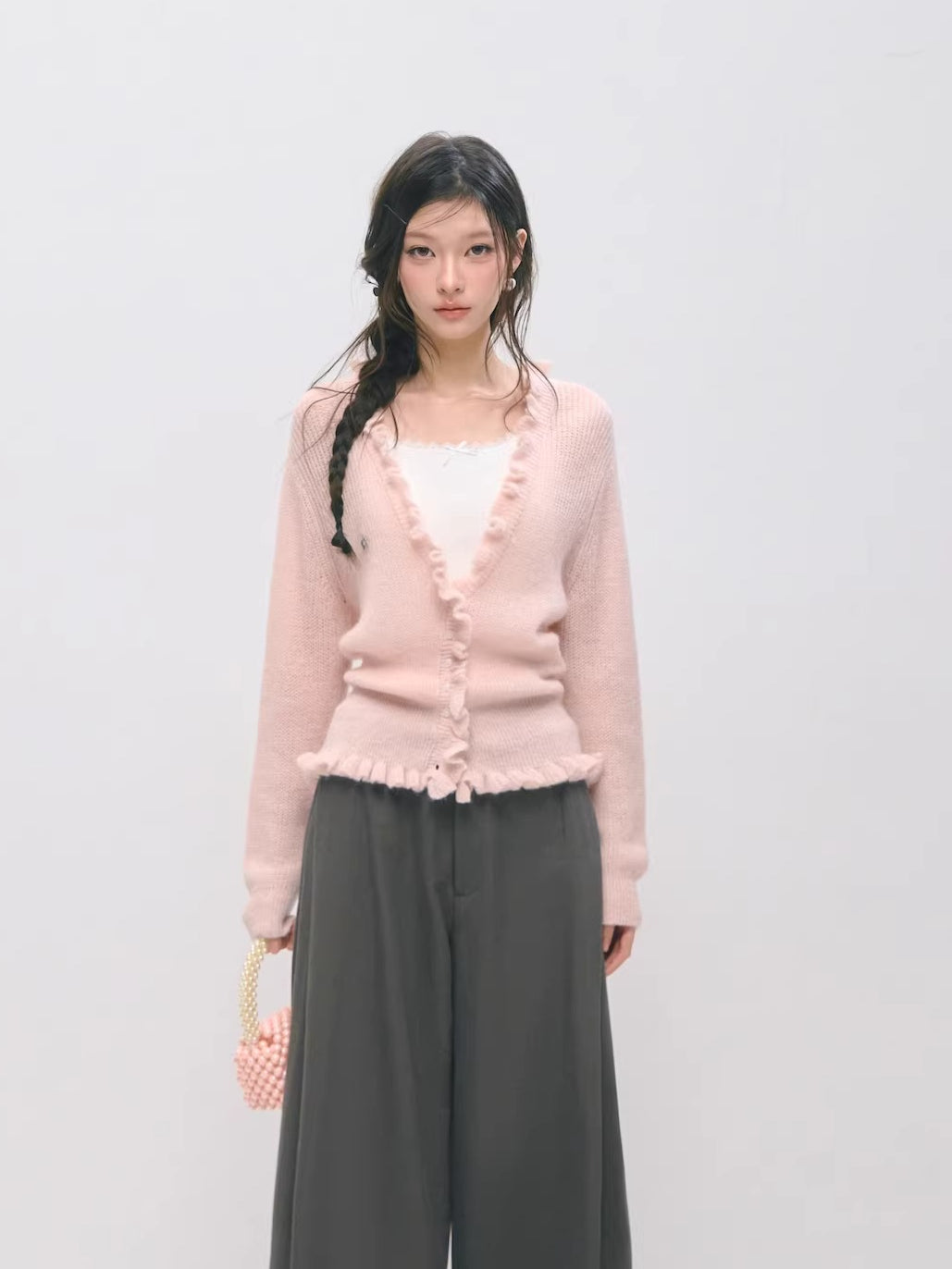 Deep V-Neck Ruffle Waist Cardigan