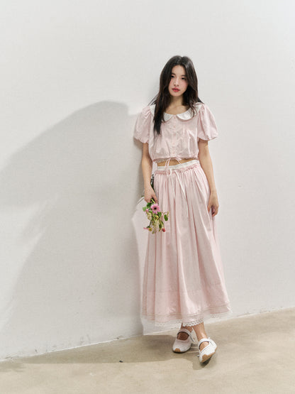 Pink Doll Collar Cropped Shirt &amp; Skirt Set - CHINASQUAD
