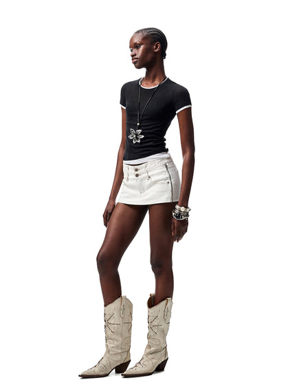 Double Waistband Reversible Denim Mini Skirt