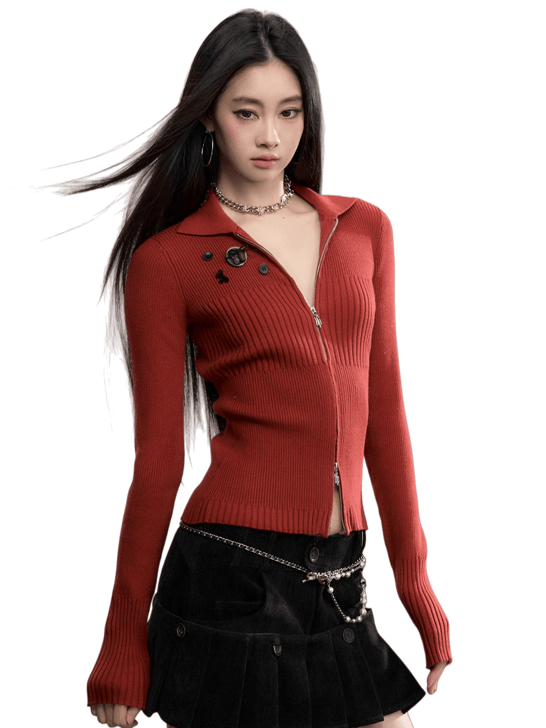 Button-Detail Zip-Up Knit Cardigan