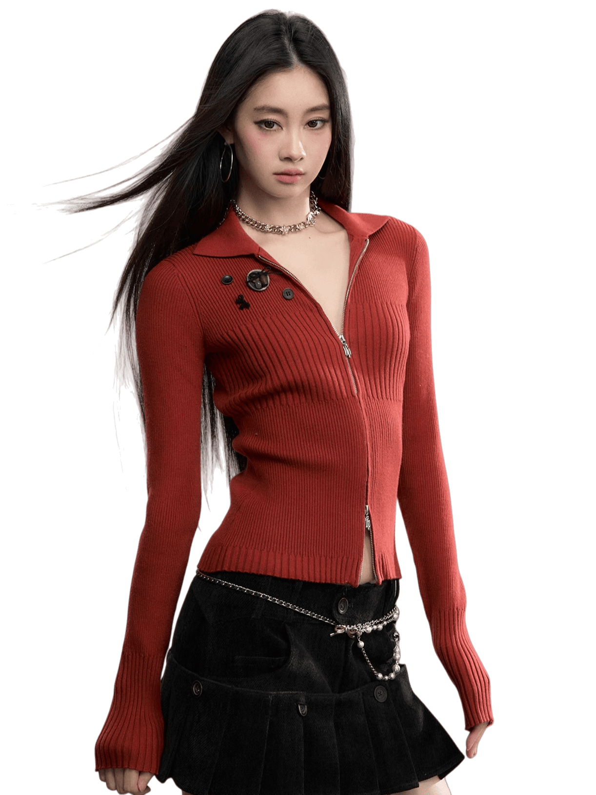 Button-Detail Zip-Up Knit Cardigan