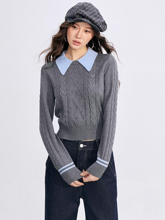 Contrast-Collar Cable-Knit Polo Sweater