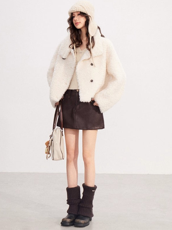 Shearling-Trim Stand-Collar Cropped Jacket