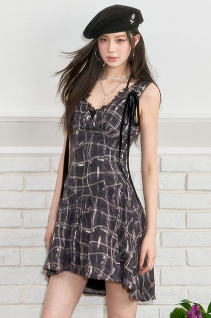 Tie-up Plaid Sleeveless Dress - CHINASQUAD
