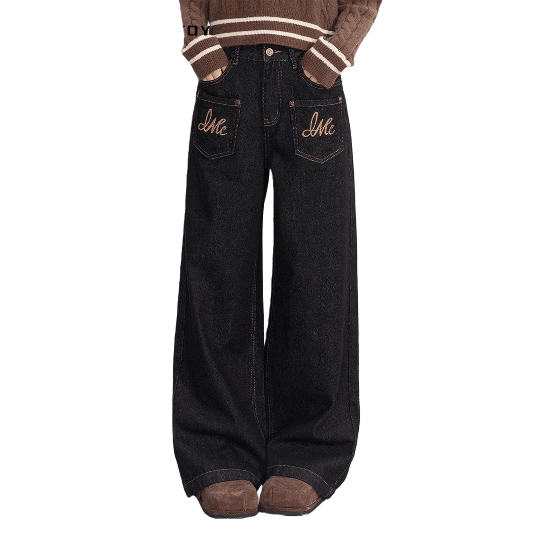 Embroidered Vintage Wide-Leg Denim Pants