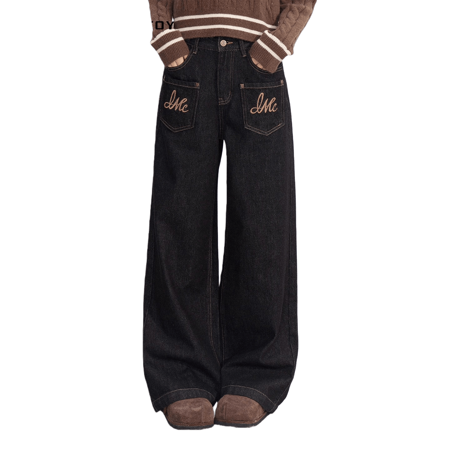 Embroidered Vintage Wide-Leg Denim Pants