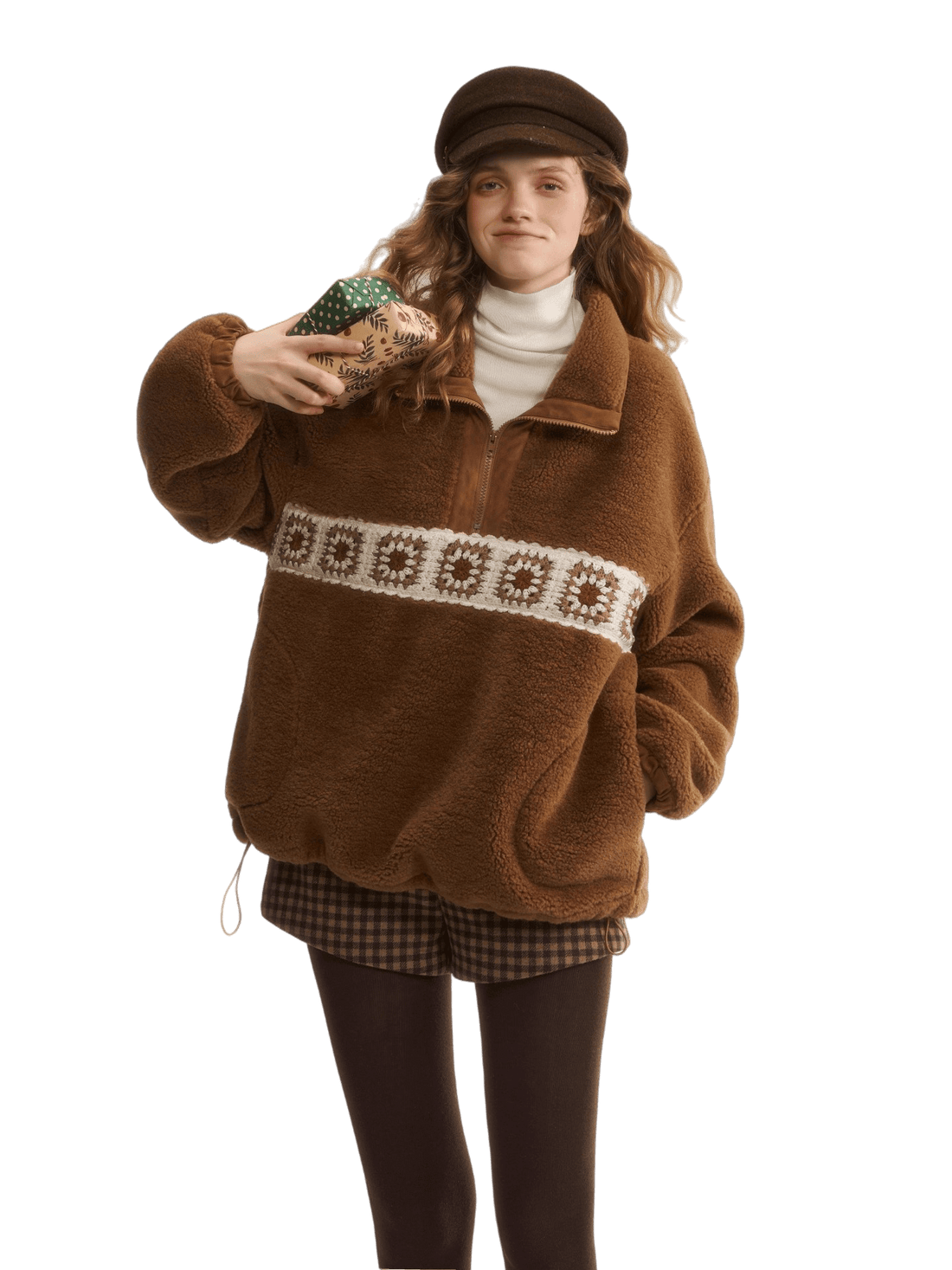Patchwork Teddy Fleece Zip-Up Sweater