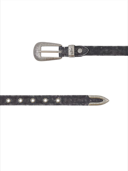 Matte Silver Alloy Buckle Distressed Leather Belt