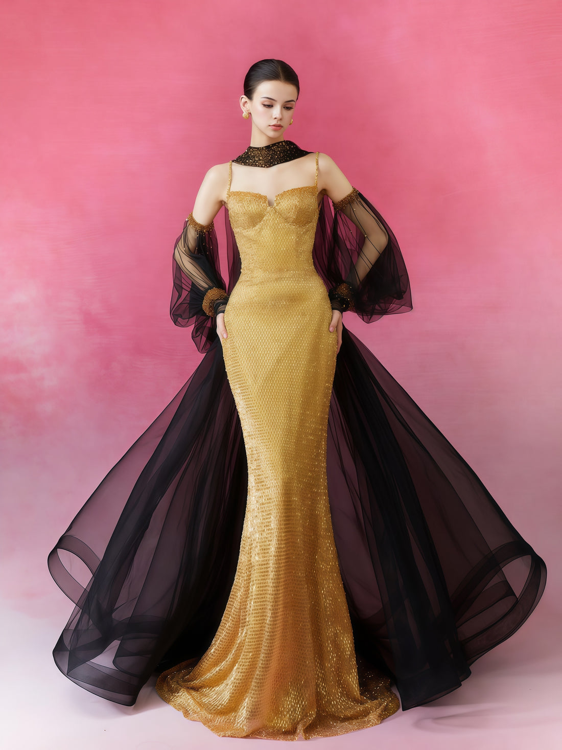 Molten Gold Sequin Illusion Cape Gown
