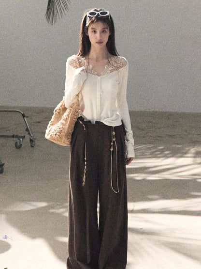 Sculpted Lace-Trim V-Neck Fitted Knit Cardigan