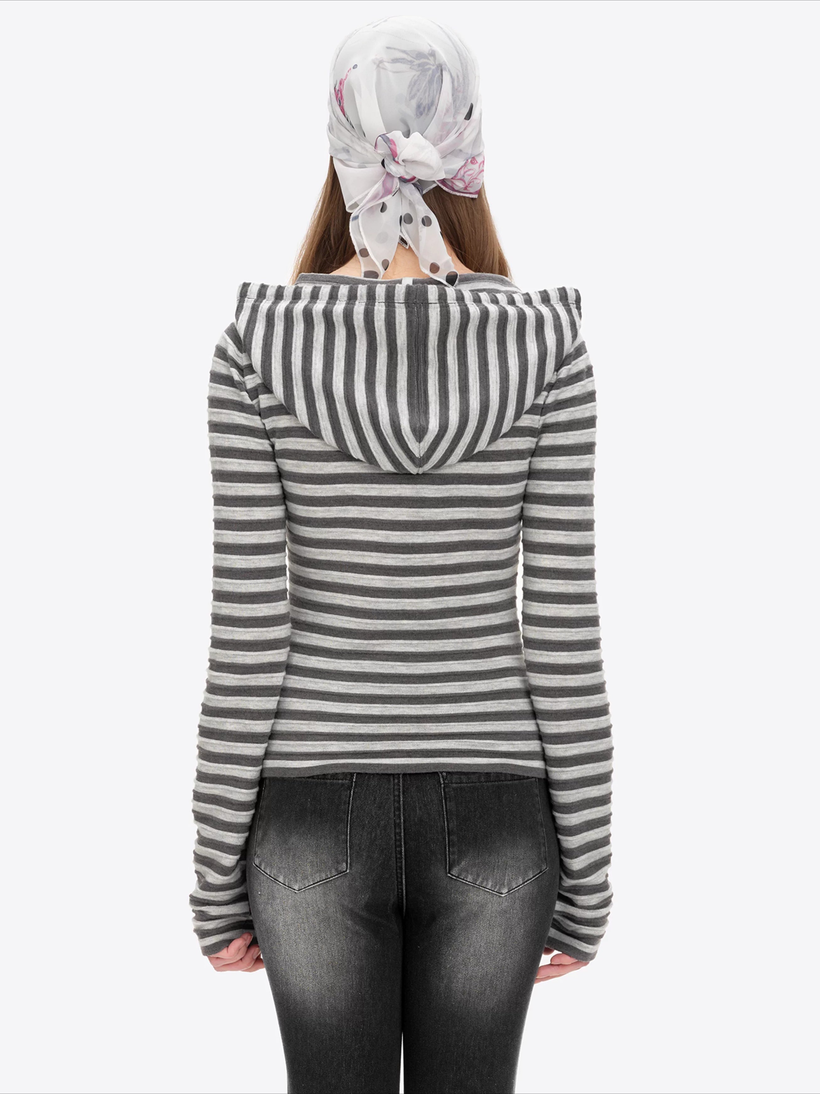 Striped Bear Button Hoodie Tee