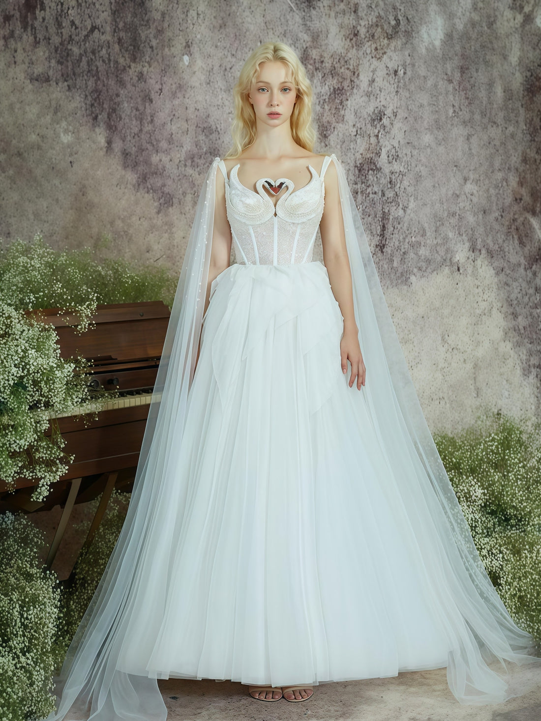 Swan Heart Illusion Embroidered Tulle Couture Gown