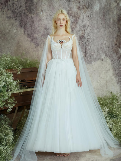 Swan Heart Illusion Embroidered Tulle Couture Gown