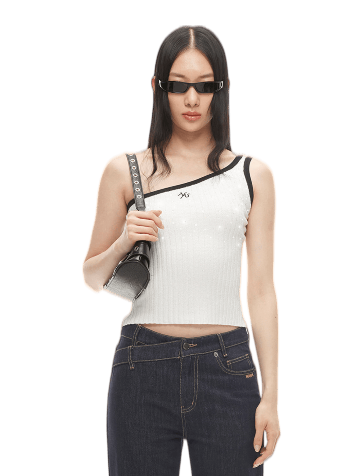 Asymmetric Rhinestone-Embellished Ribbed Tank Top