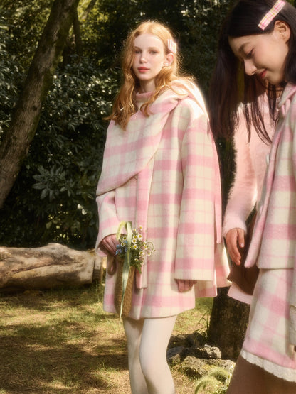 Baby Pink Raspberry Check Wool-Like Cape Coat