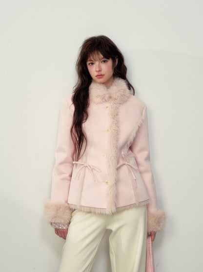 Khaki &amp; Pink Shearling Coat