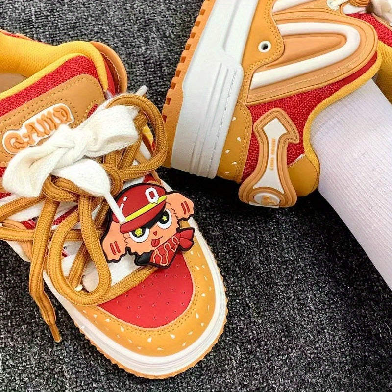 Orange Burger Embroidered Lettering Low-Top Skate Sneakers