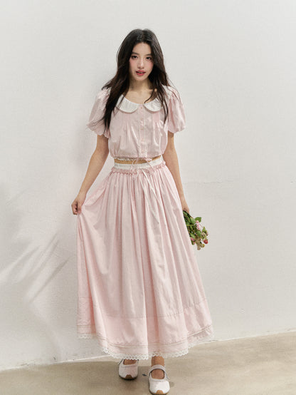 Pink Doll Collar Cropped Shirt &amp; Skirt Set - CHINASQUAD