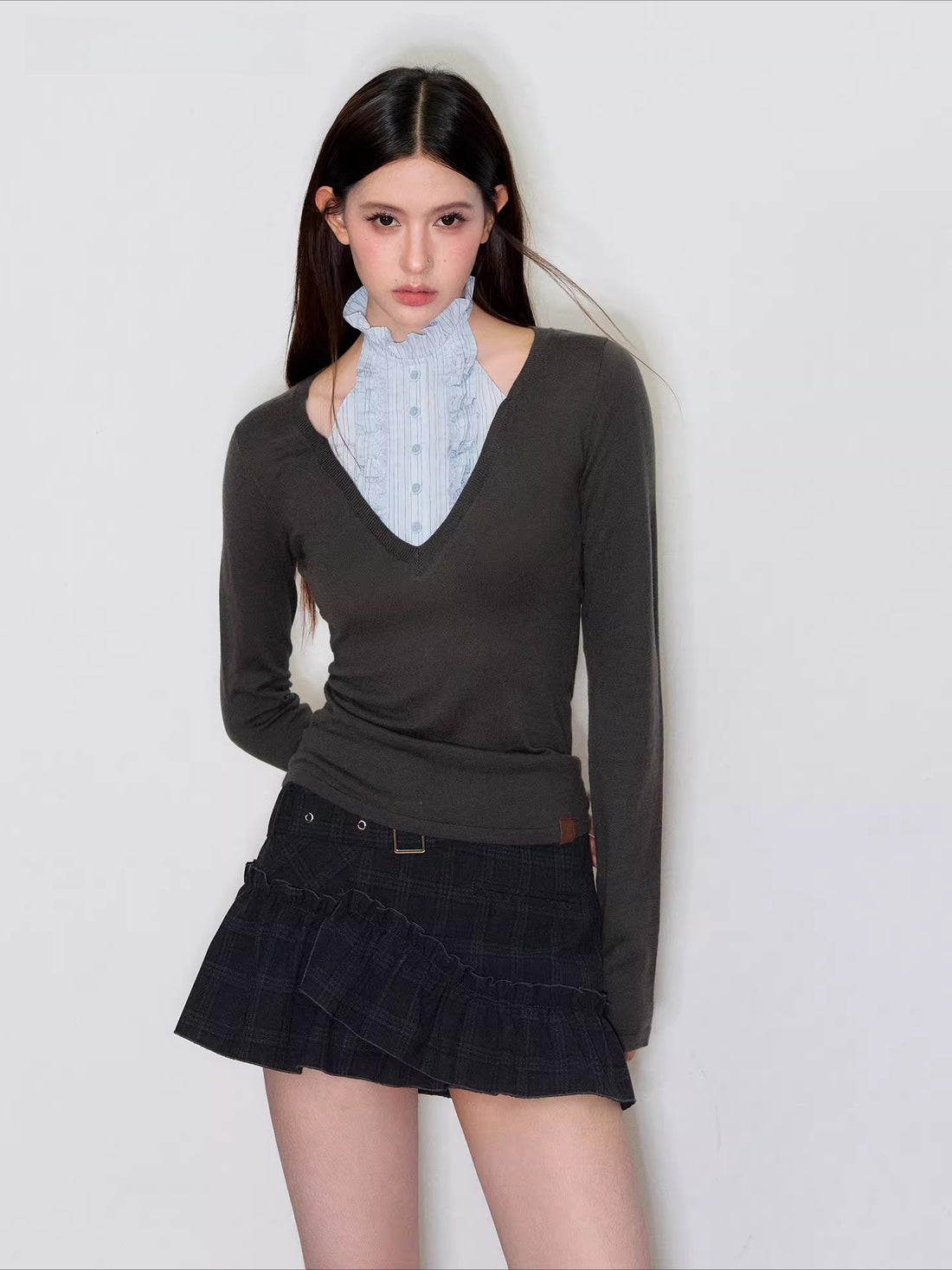 Wide-Belt Checkered Straight Mini Skirt