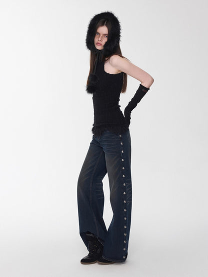 Fringe Knit Vest &amp; Hooded Sleeveless Set