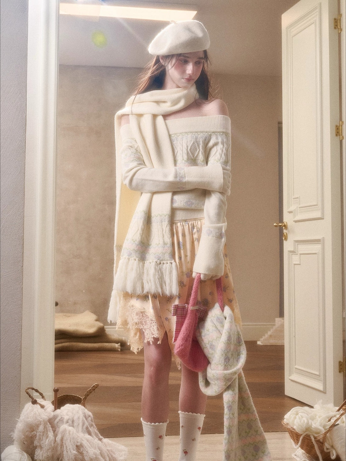Cosagach Fair Isle Knit Crewneck &amp; Floral Skirt Set