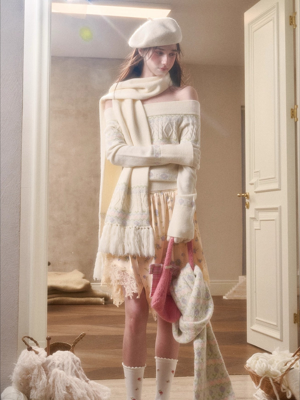 Cosagach Fair Isle Knit Crewneck &amp; Floral Skirt Set