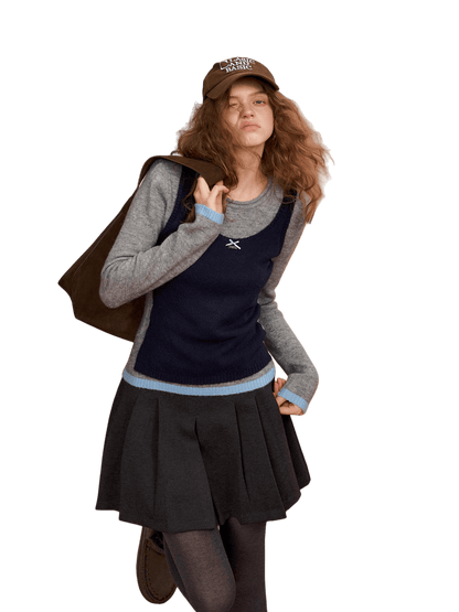 Contrast-Layered Long-Sleeve Knit Turtleneck