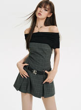 Grid Off-Shoulder Mini Dress - CHINASQUAD