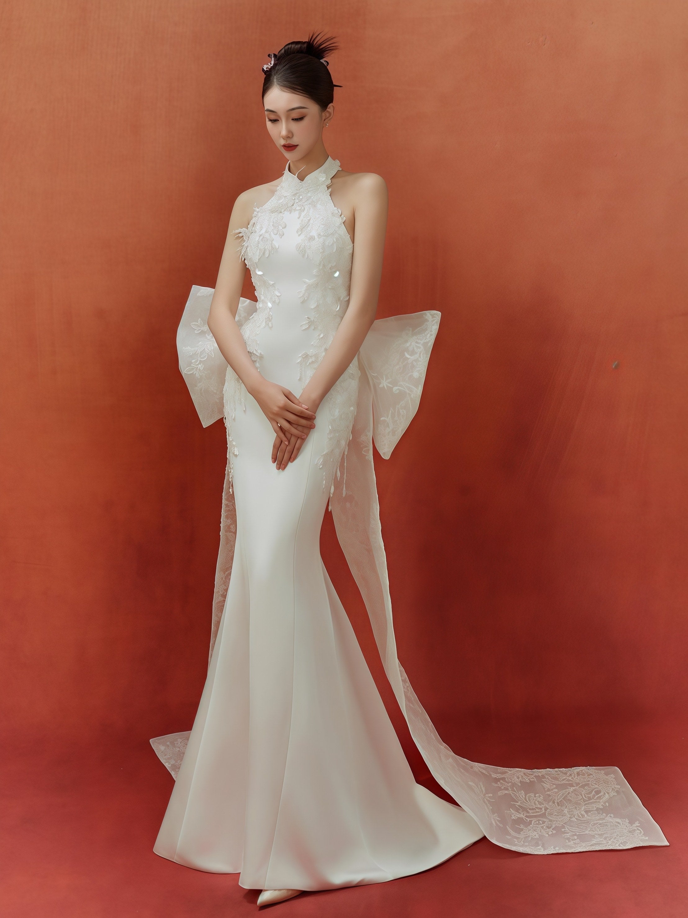 Ivory Illusion Embroidered Halter Mermaid Gown