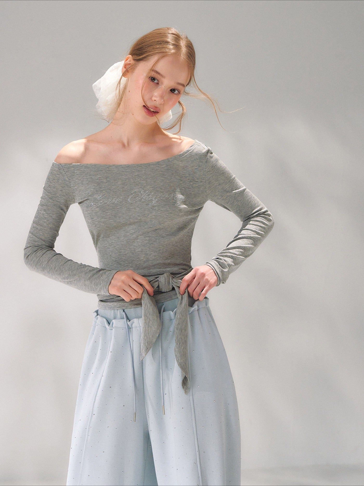 Asymmetric Crystal Logo Tie-Shoulder Fitted Tee