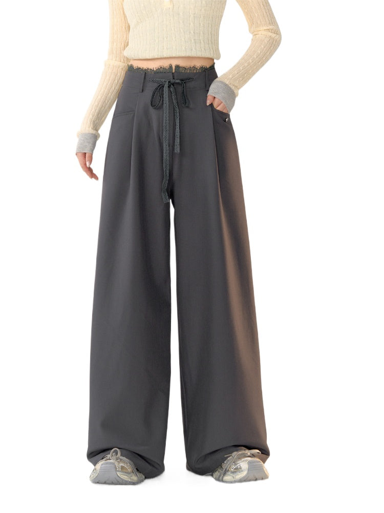 Lace Spliced High-Waisted Straight-Leg Wide Pants