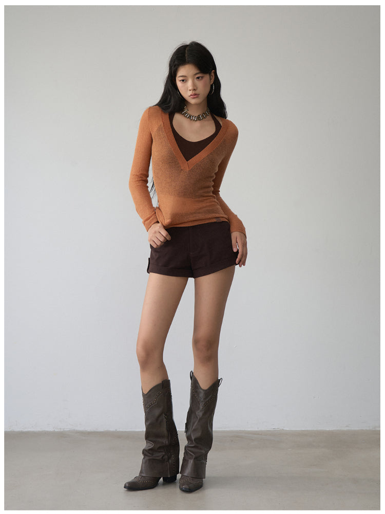 Fake Two-Piece Halter V-Neck Knit Sweater - CHINASQUAD