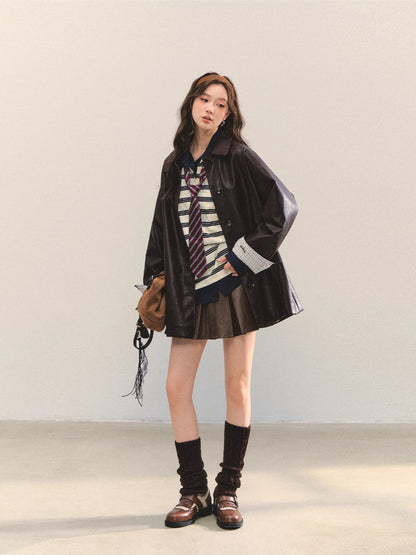 Coffee A-Line Belted Pleated Leather Skirt