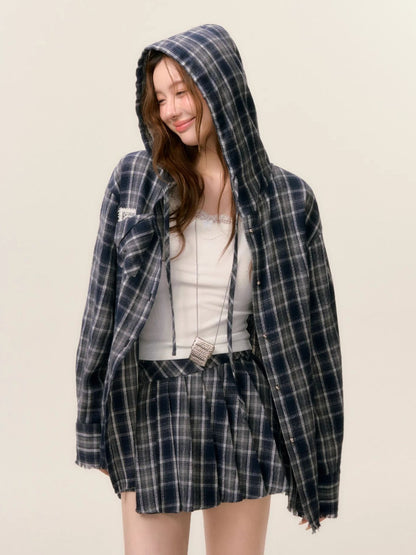 Plaid Hooded Long Sleeve Shirt &amp; Skirt Set