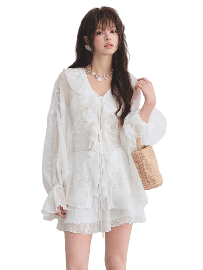 Embroidered Ruffle Chiffon Shirt &amp; Tiered Skirt Set