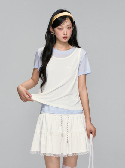 High-waisted Drawstring Lace-spliced Tiered Skirt - CHINASQUAD