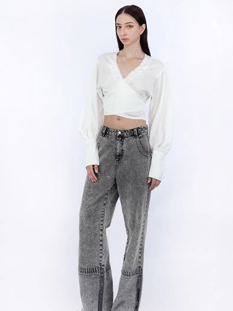 Convertible Ruched V-Neck Acetate Blouse