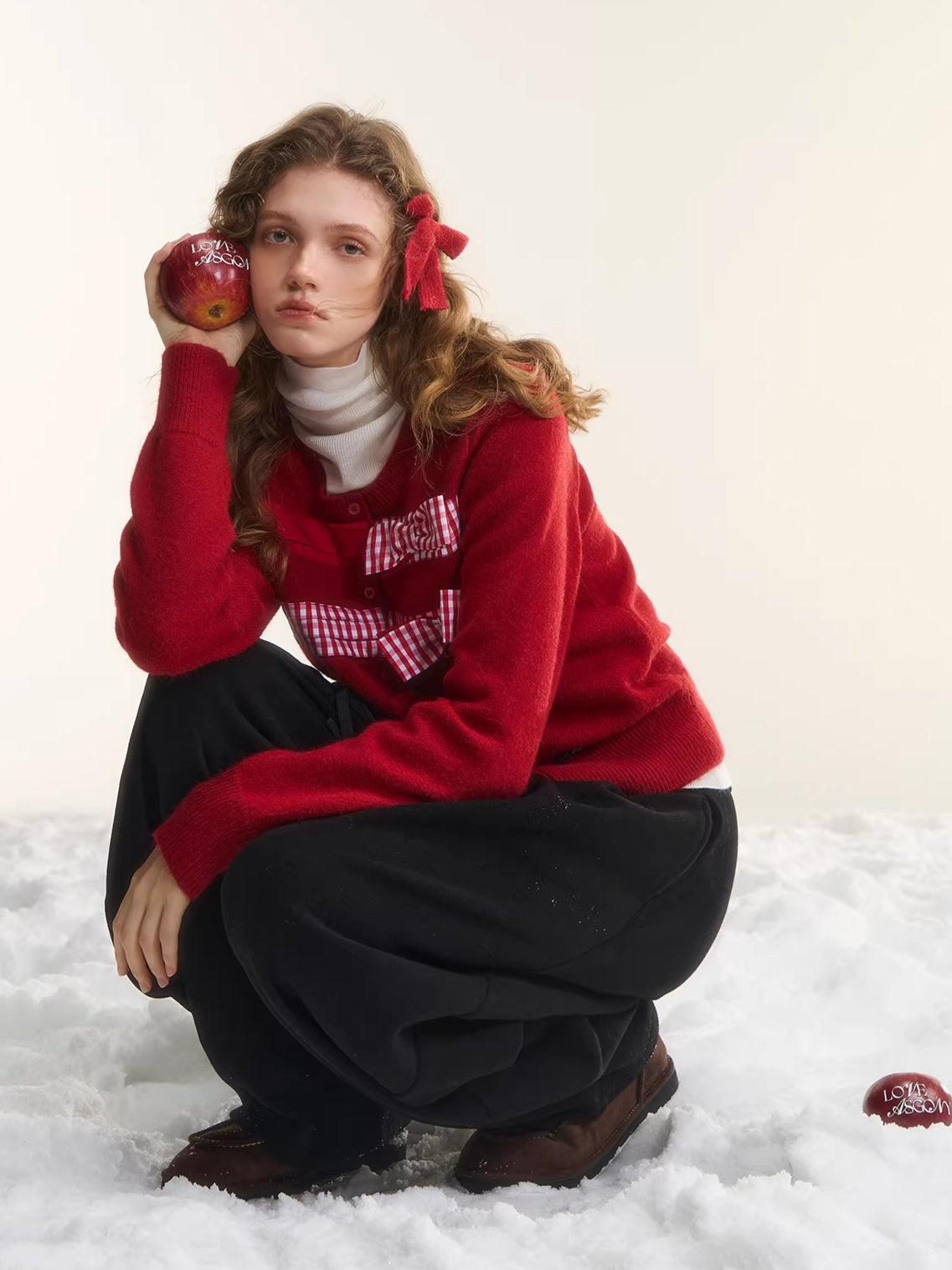 Vintage Checkered Patchwork Bow Knit Cardigan